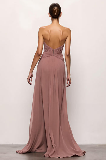 Strapless Blush Sheath Ruched Evening Dress With Slit